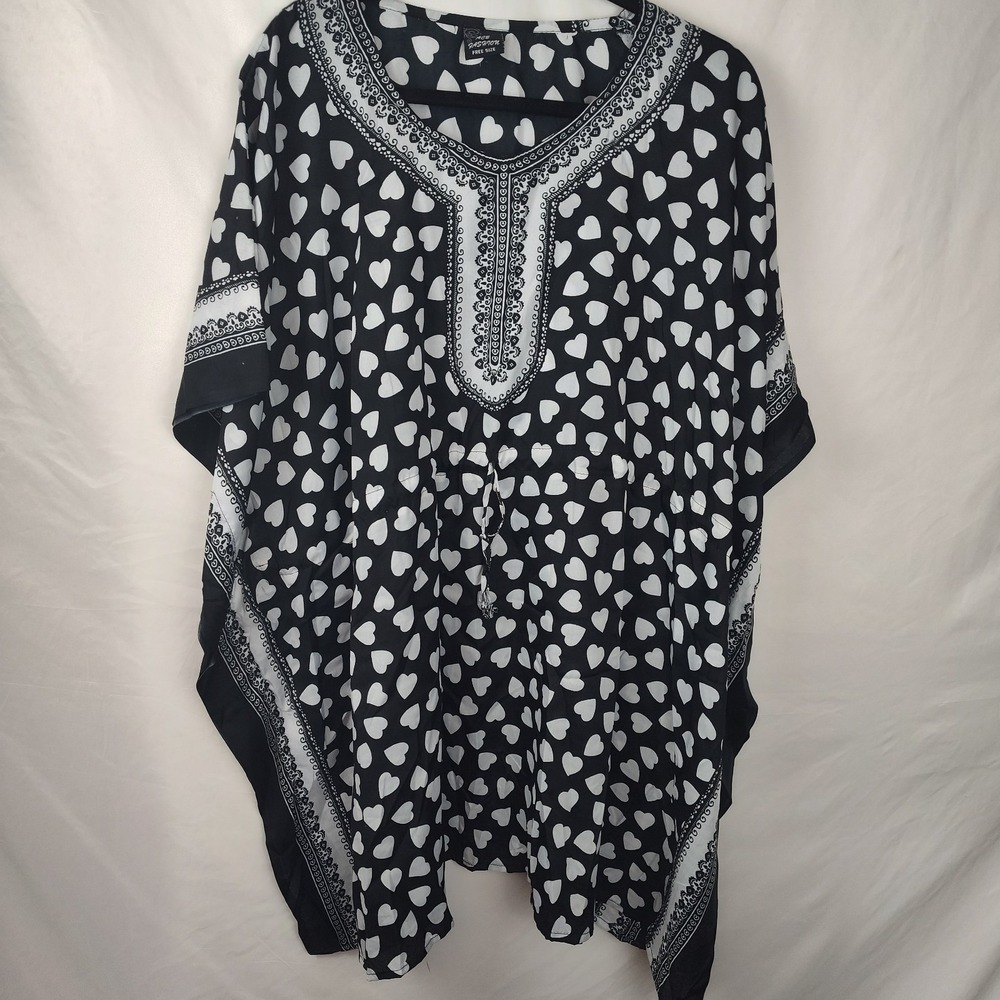 Tunic one size black white hearts drawstring Boho lounge lightweight house wear